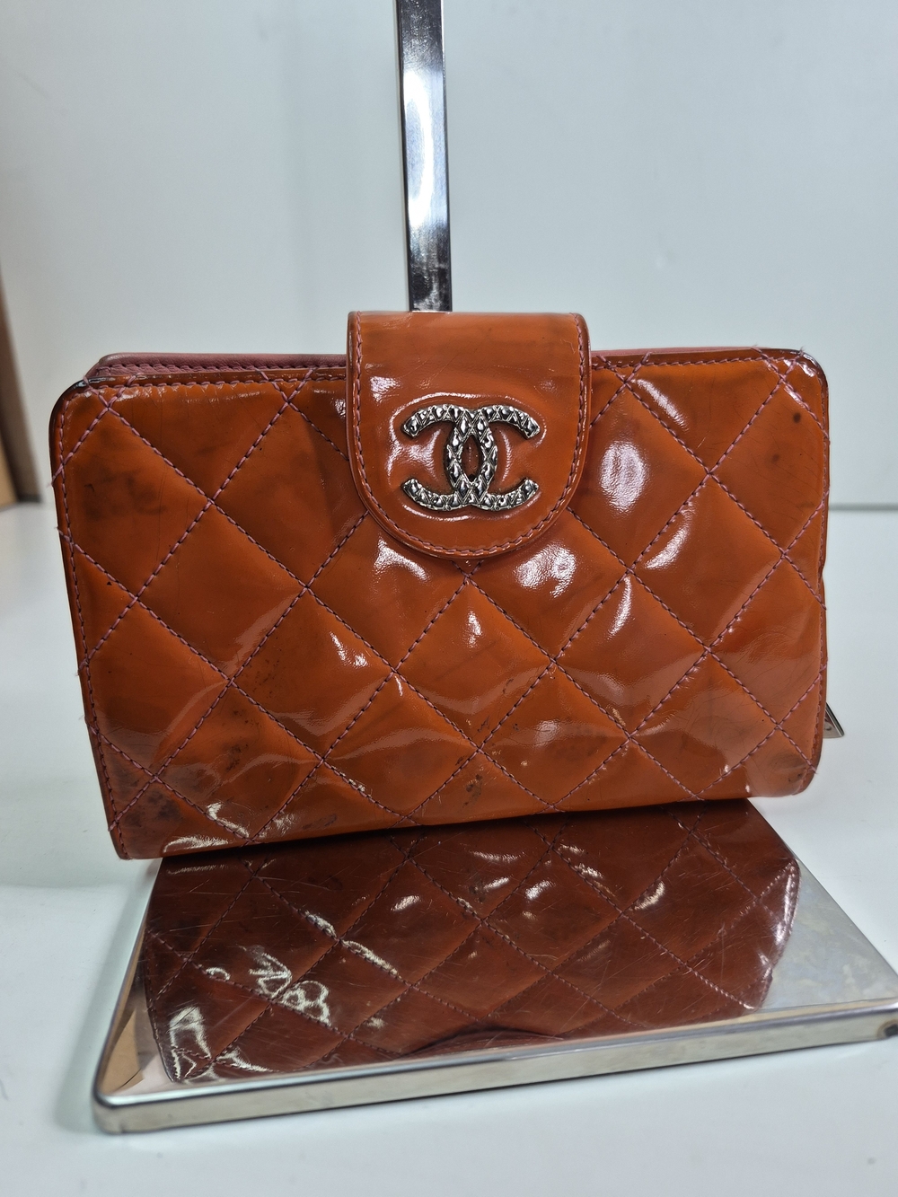 Chanel Orange Quilted Patent Leather Wallet